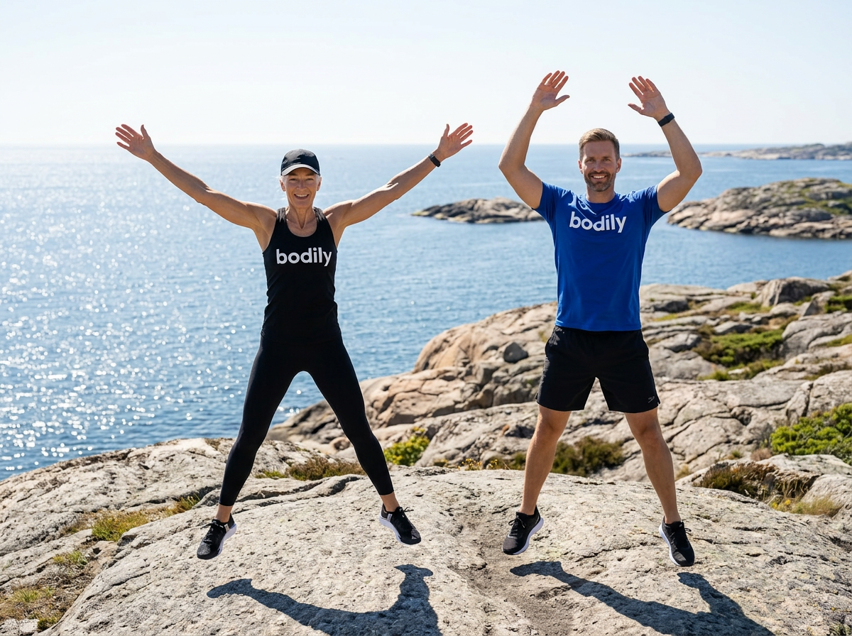 Karin och Marcus tränar jumping jacks för en hållbar balans med Bodily Routine kost- och träningsprogram online. 