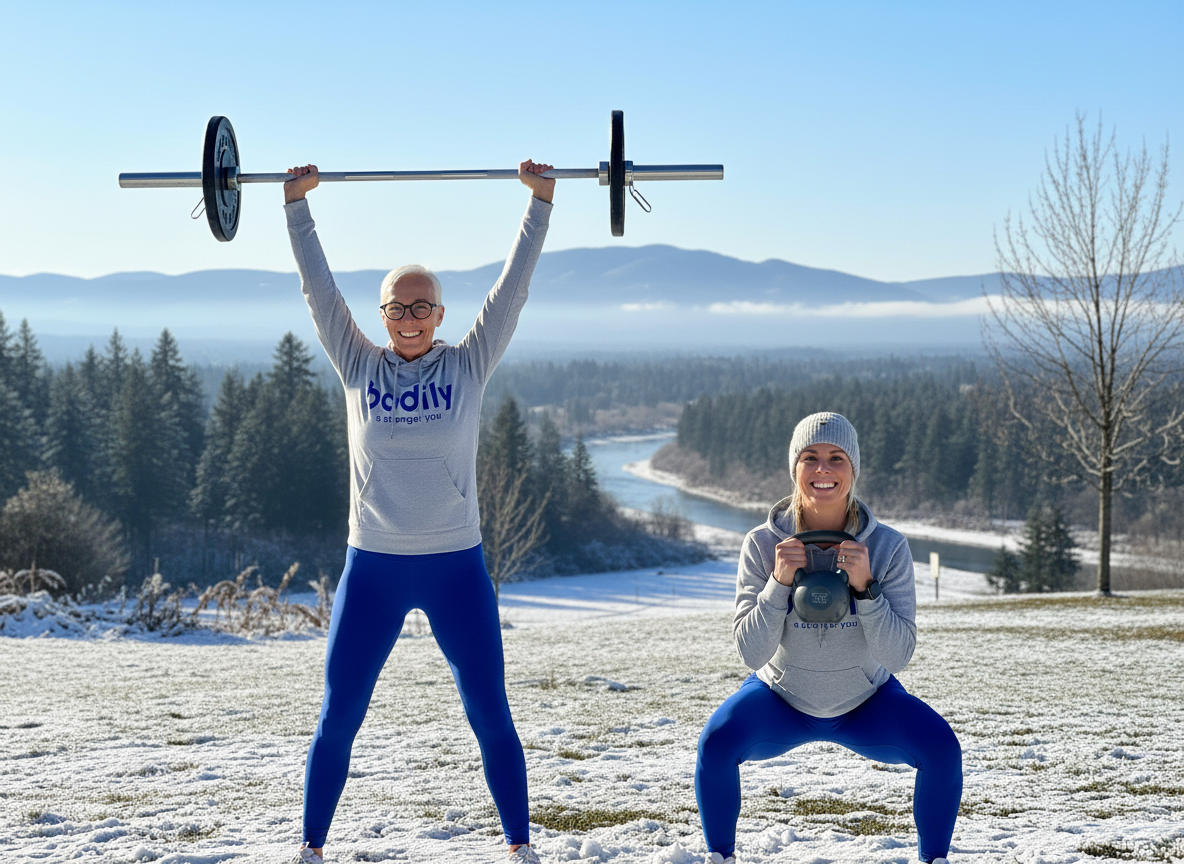 Karin och Maria tränar funktionell styrketräningr för en hållbar balans med Bodily Routine kost- och träningsprogram online.