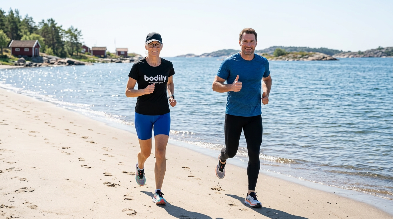 Två personer som springer tillsammans, symboliserar hälsa och rörelse i Bodilyappen. 