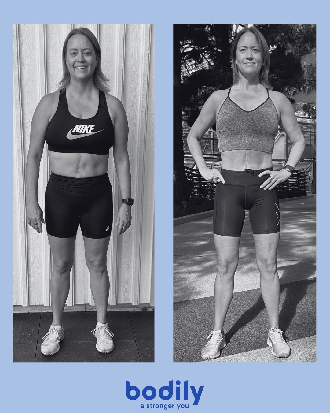 Deltagaren Anna visar hur vältränad hon är efter Bodilys kost- och träningsprogram onlie.