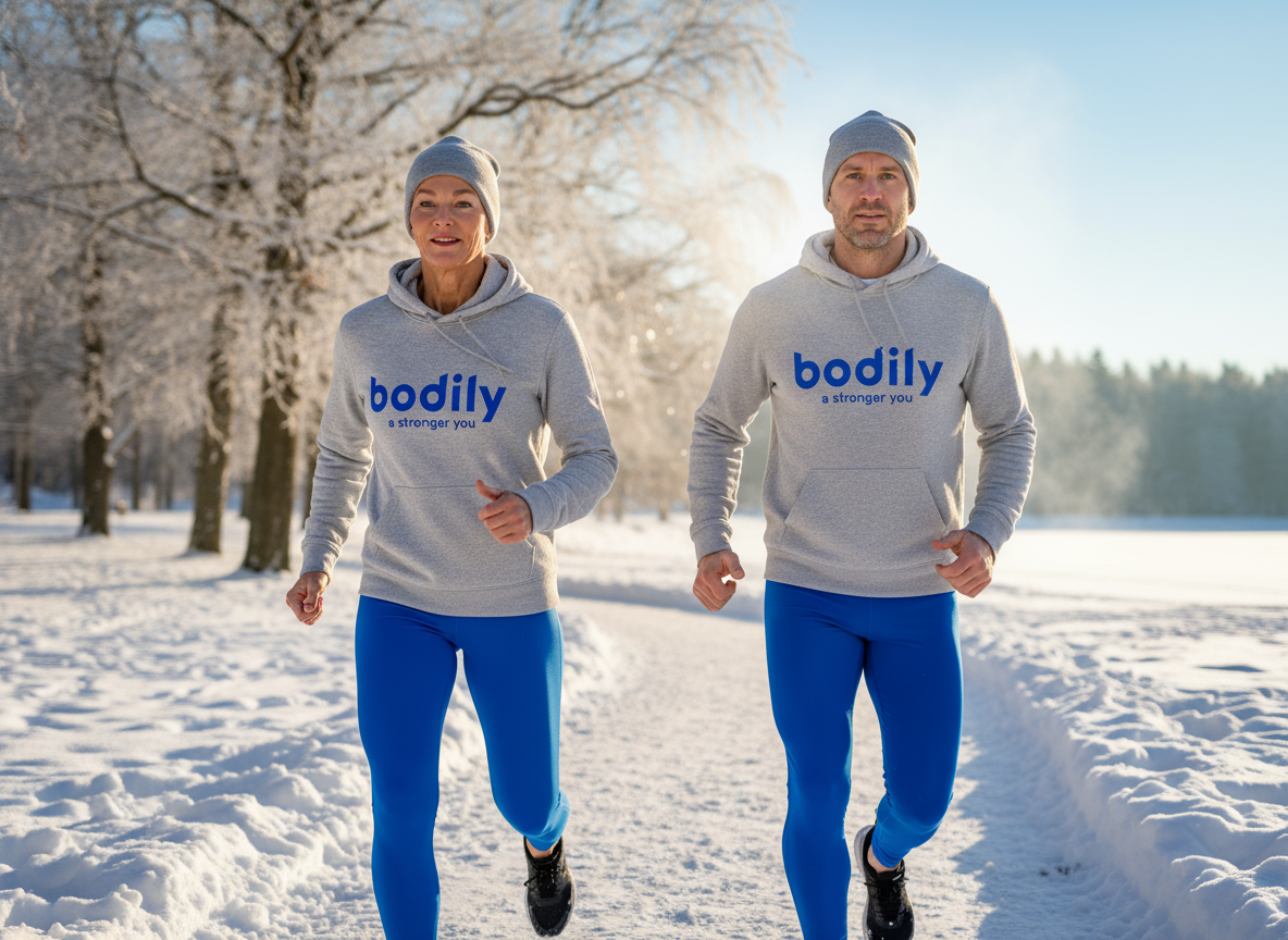 Kvinna och man springer i vintermiljö, illustration av Bodilys helhetsupplägg.