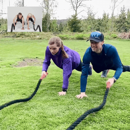 Bild med battle ropes och matlådor som visar Bodilys kombination av träning och kost.