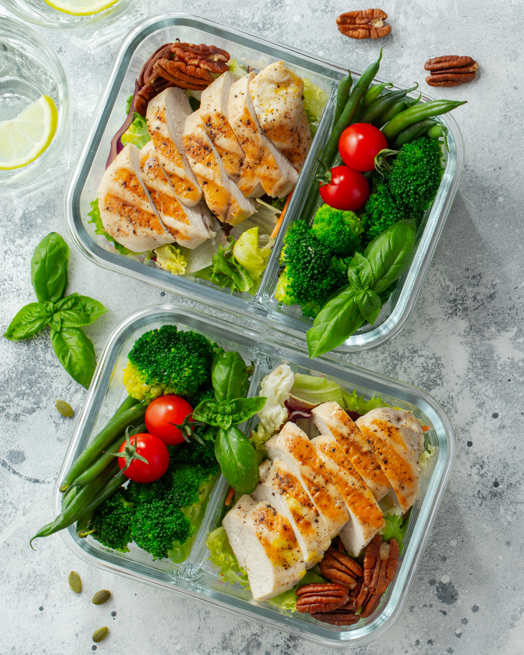 Matlådor och grönsaker som illustrerar Bodilys olika program med kost och träning.