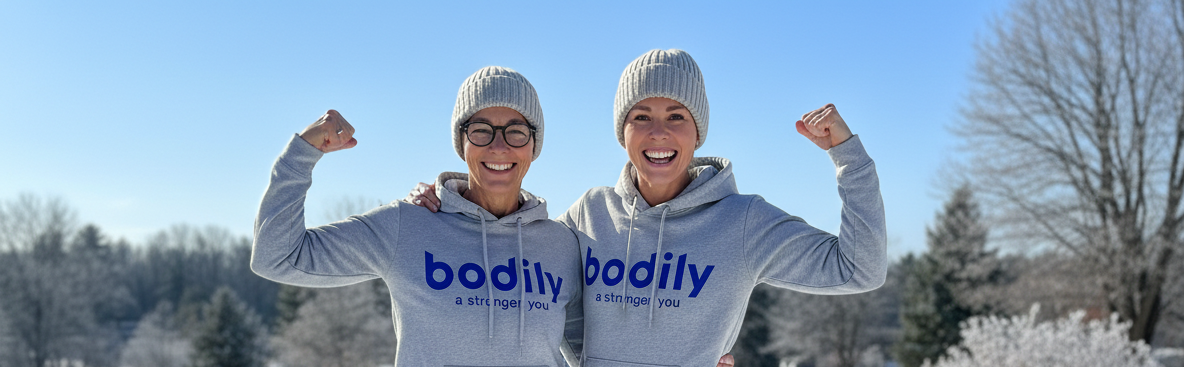 Karin och Maria är taggade inför träningen i Bodilys kost- och träningsprogram online. 