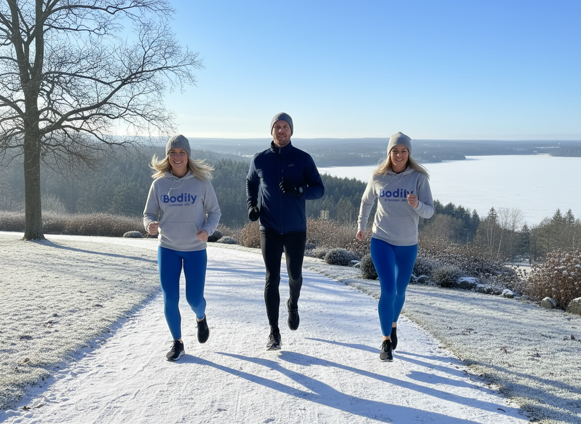 Tre Bodily-deltagare tränar i vintermiljö – symbol för enkel och effektiv träning året runt. 