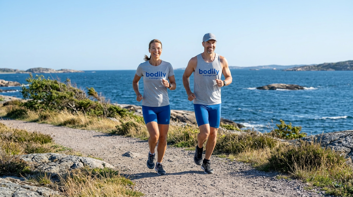 Två deltagare  tränar löpning i Bodily Routine Bodilys kost- och träningsprogram online. 