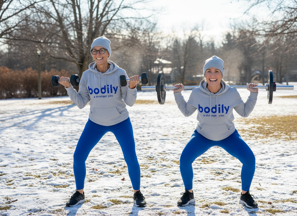 Två kvinnor träniar styrketräning med Bodily – kost och träningsprogram i naturen hemma och på gym 
