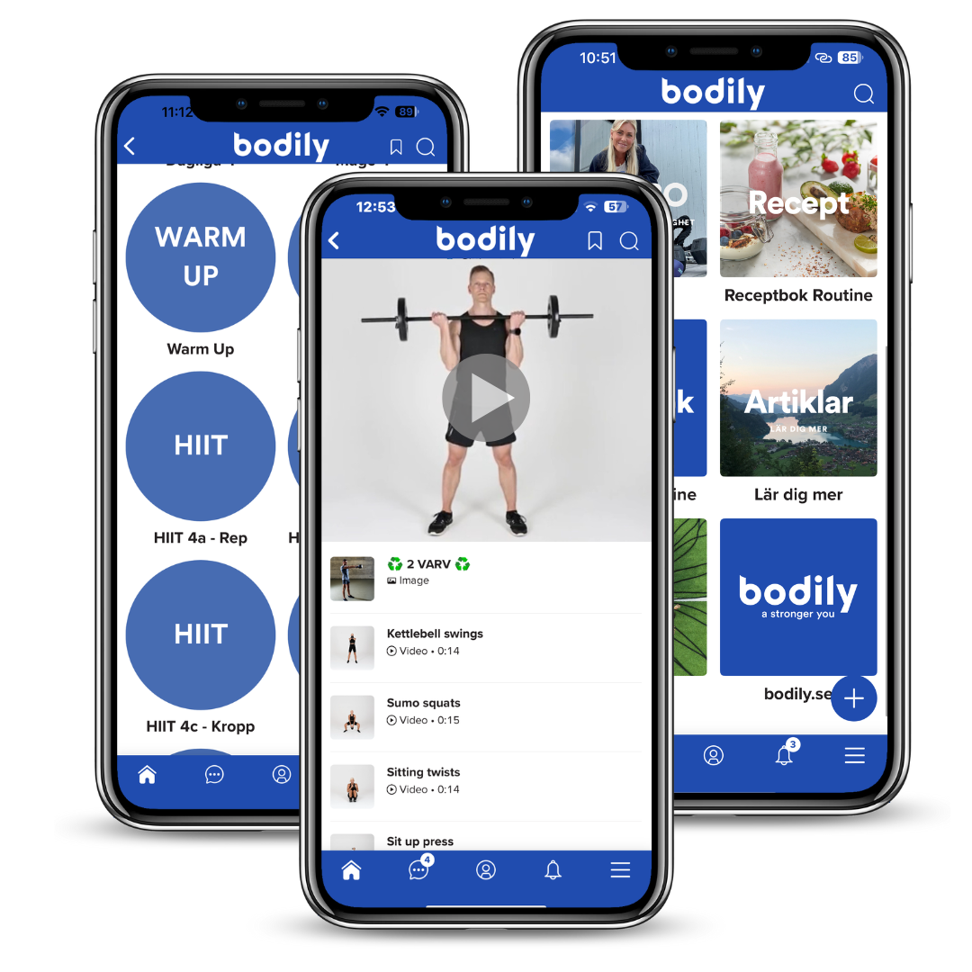 Bodilyappen med instruktionsvideor för styrketräning i kost- och träningsprogram online. 
