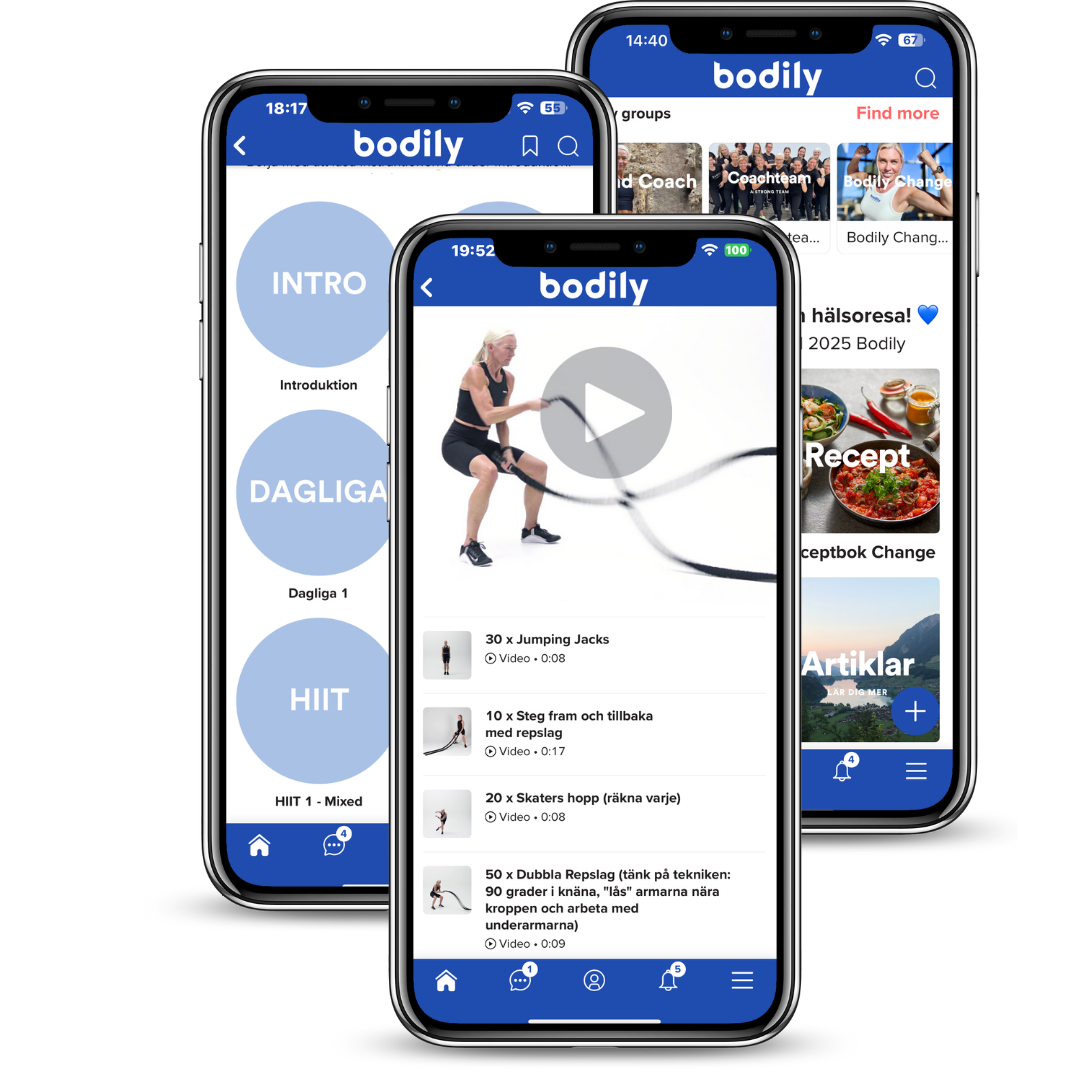 Bodilyappen med instruktionsvideor för träning i kost-och träningsprogram online.