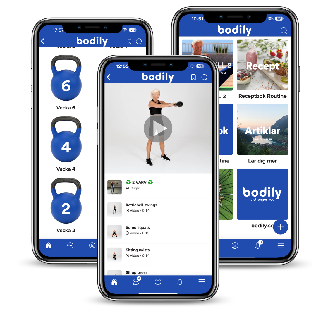 Bodily KETTLEBELL 2, Bodilyappen med instruktionsvideor för träning i kost-och träningsprogram online.