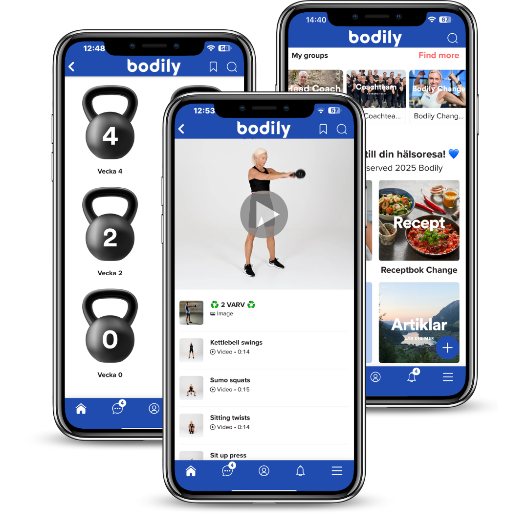 Bodilyappen med instruktionsvideor för träning i kost-och träningsprogram 
