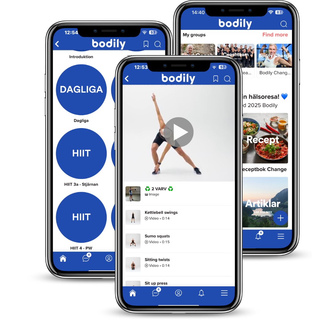Bodilyappen med instruktionsvideor för träning i kost-och träningsprogram online. 