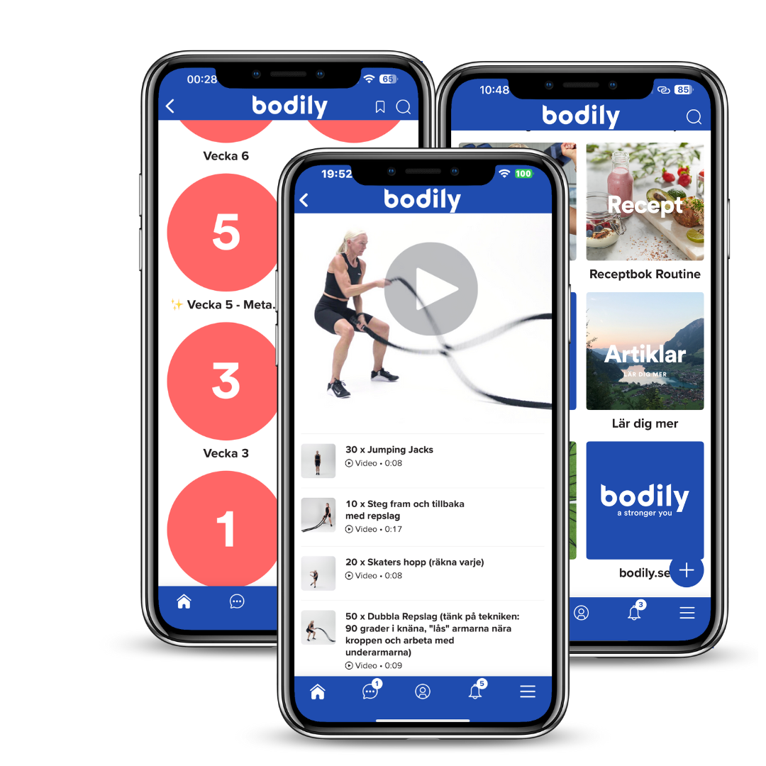 Bodilyappen med instruktionsvideor för träning i kost-och träningsprogram online. 