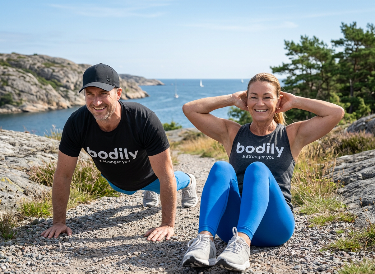 Deltagare tränar core och mage med crunches enligt Bodilys program. 