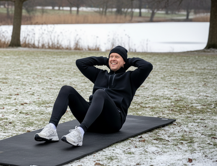 Deltagare tränar core och mage med crunches enligt Bodilys program.