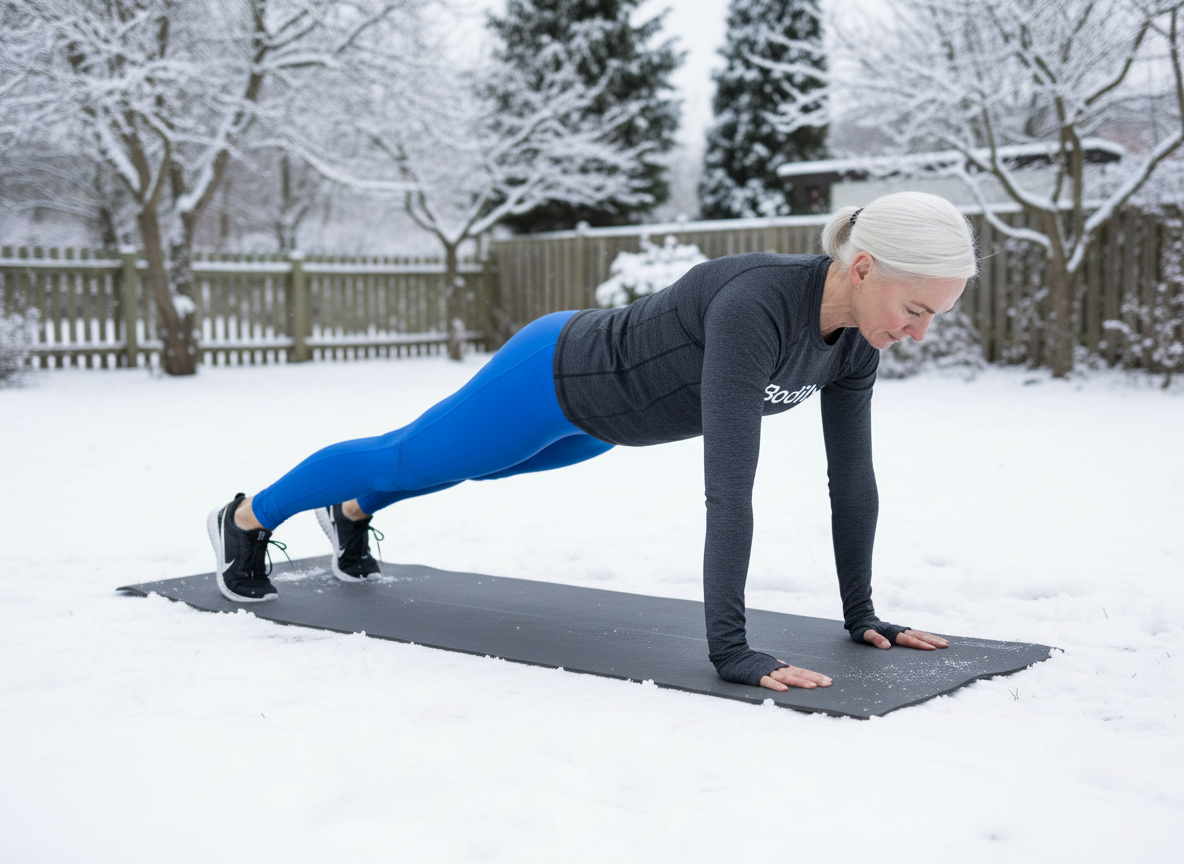 Karin tränar core och mage med planka enligt Bodilys program.
