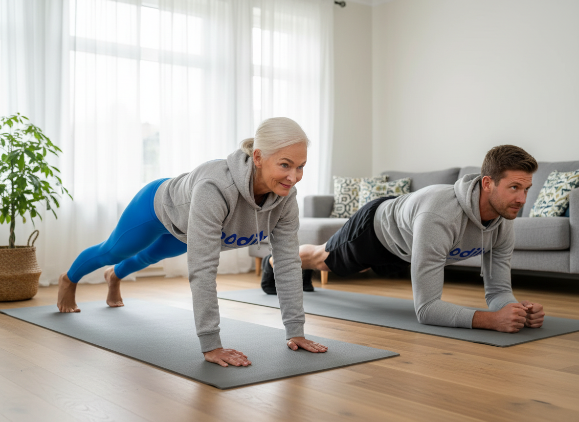 Deltagare gör dagliga övningar i hemma i vardagsrummet.