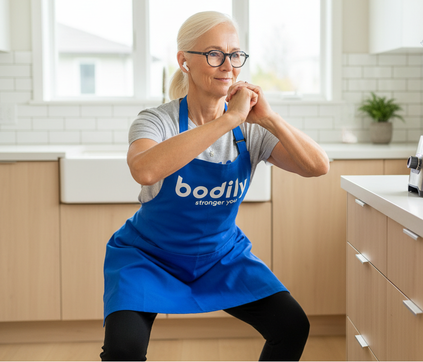 Karin gör dagliga övningar i kök när maten lagas. Bodily kost- och träningsprogram online.