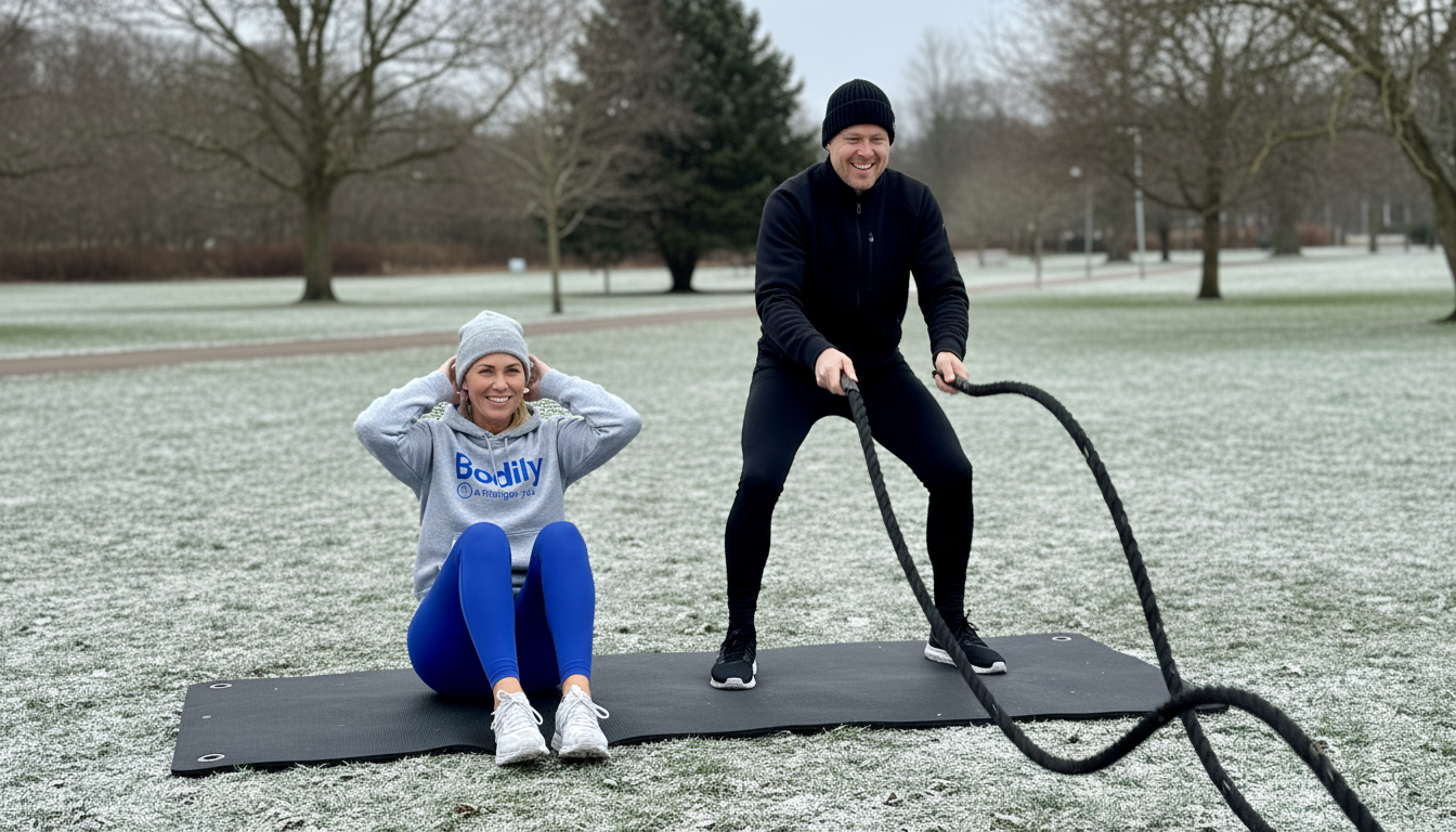 Maria och en deltagare gör sit-ups och repslag med battle rope utomhus i Bodilys träningsprogram online.
