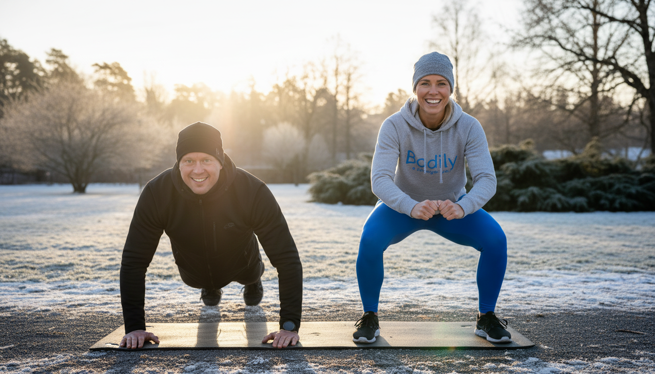 Maria och en deltagare gör squats  och armhävningar utomhus i Bodilys träningsprogram online. 