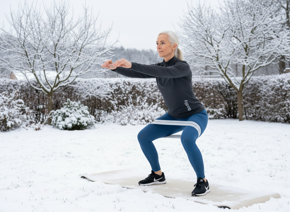 Karin gör knäböj med gummiband utomhus i Bodilys träningsprogram online.
