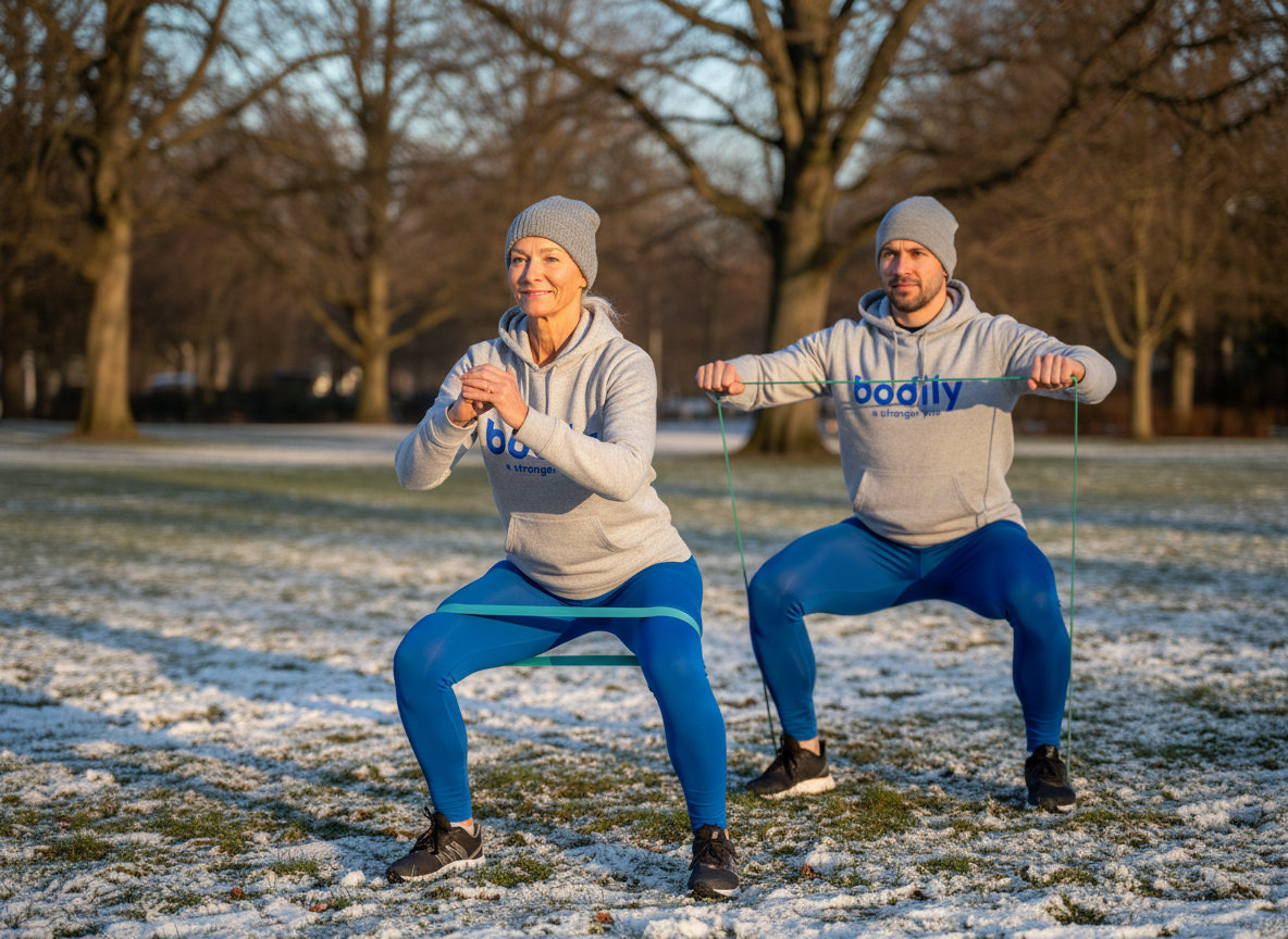 Deltagare gör ett HIIT-pass med gummiband för funktionell styrka från Bodilys träningsprogram i park.  