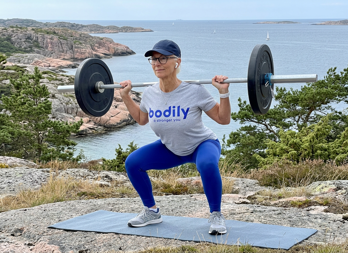 Karin gör ett HIIT-pass från Bodilys träningsprogram online utomhus hemma. 