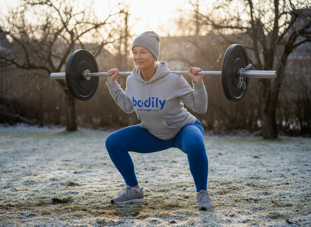 Karin gör ett HIIT-pass från Bodilys träningsprogram online utomhus hemma.