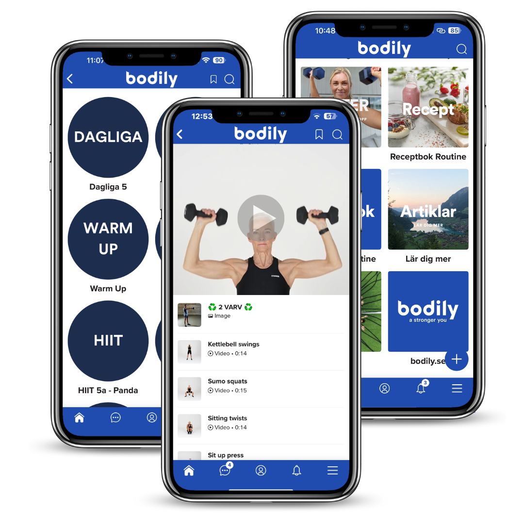 Bodilyappen med instruktionsvideor för styrketräning i kost- och träningsprogram online. 