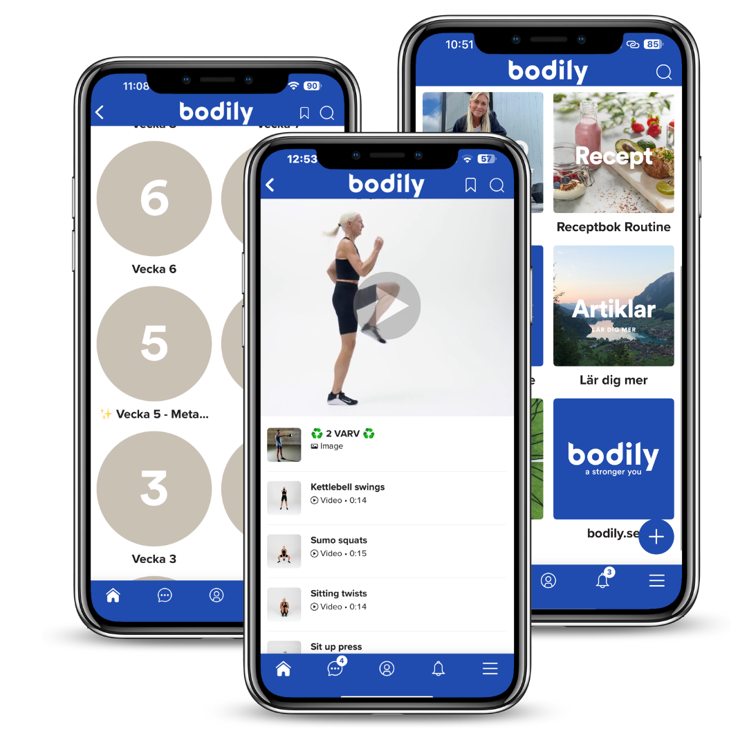 Bodilyappen med instruktionsvideor för uthållighetsträningi kost- och träningsprogram online. 