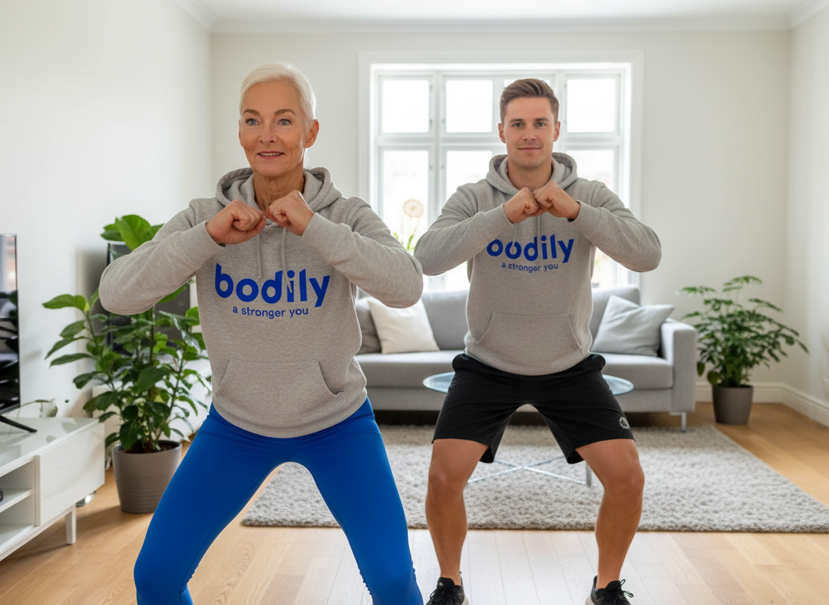 Deltagare gör daglig träning från Bodilys träningsprogram online hemma.