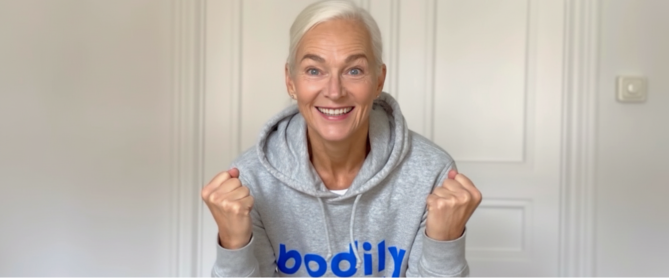 Karin peppar deltagare att göra en hälsoresa med Bodilys kost- och träningsprogram online.