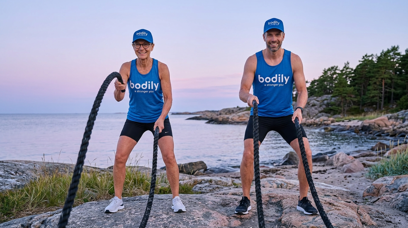 Karin och Markus från Bodily tränar med rep på en klippa i solnedgången. – online träning och kost med Bodily 