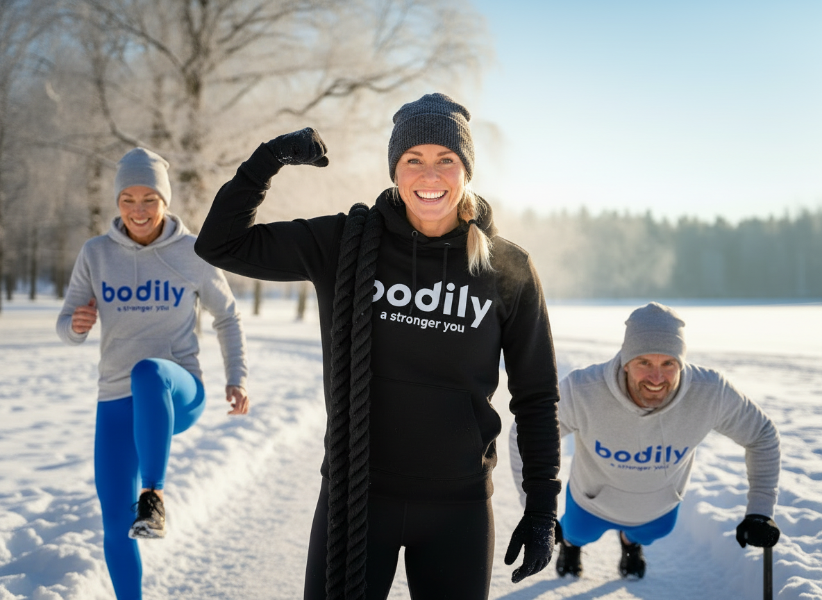 Karin från Bodily gör ett utfall med kettlebell i en snöig trädgård – online träning och kost med Bodily 